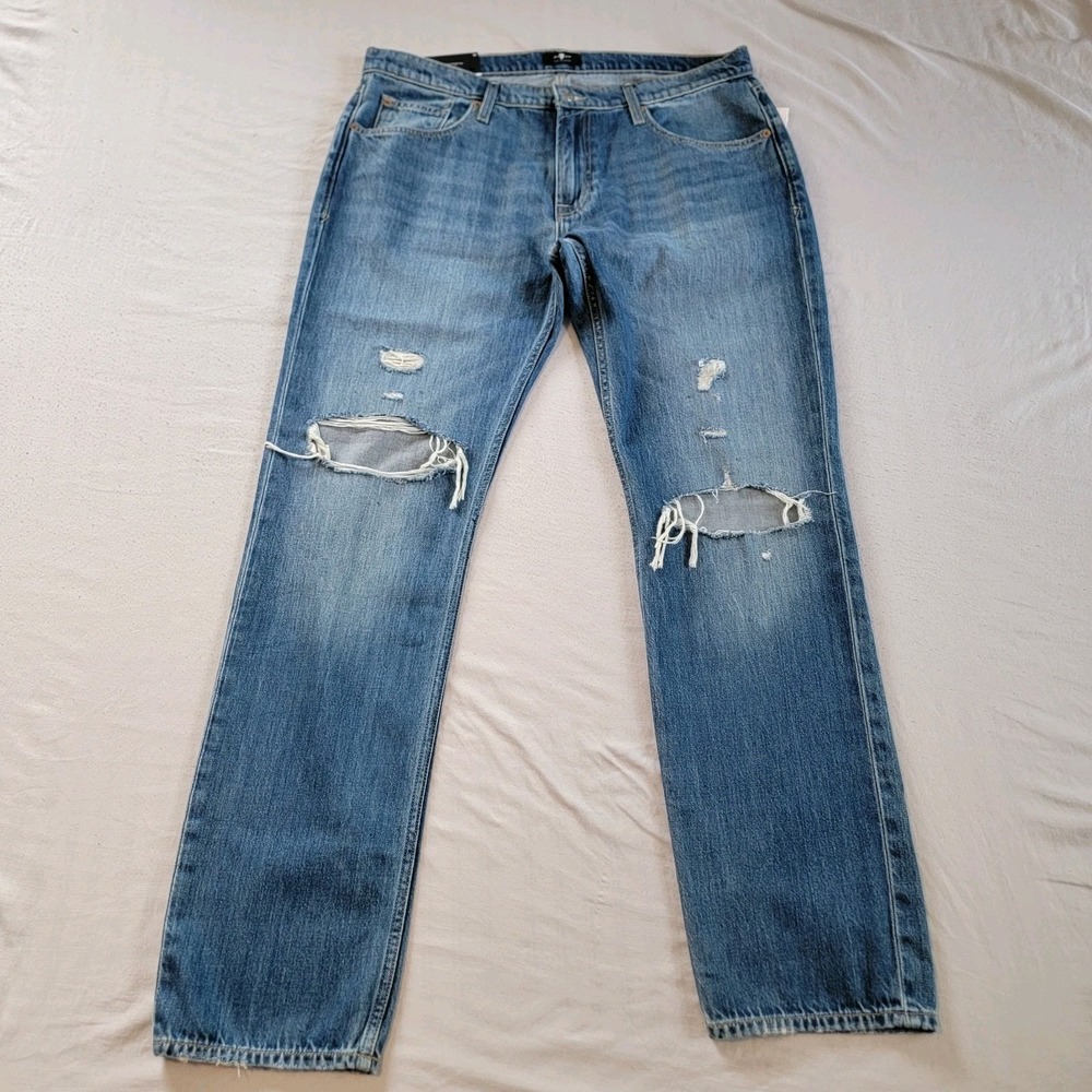 7 For All Mankind Jeans Mens 36 The Straight Blue Distressed Ripped NEW - Picture 2 of 8